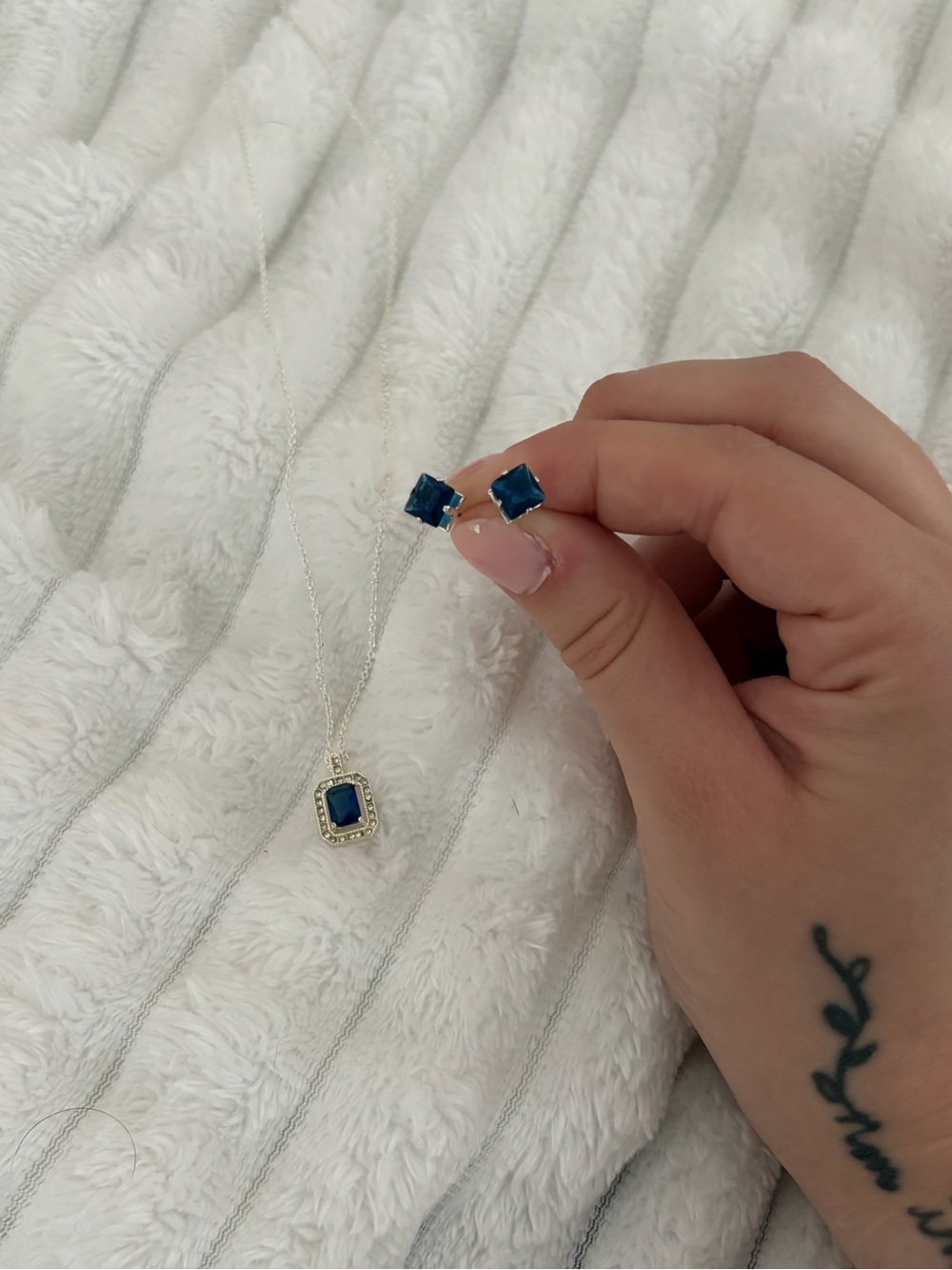 Lab Grown Blue Sapphire Necklace and Earring Set